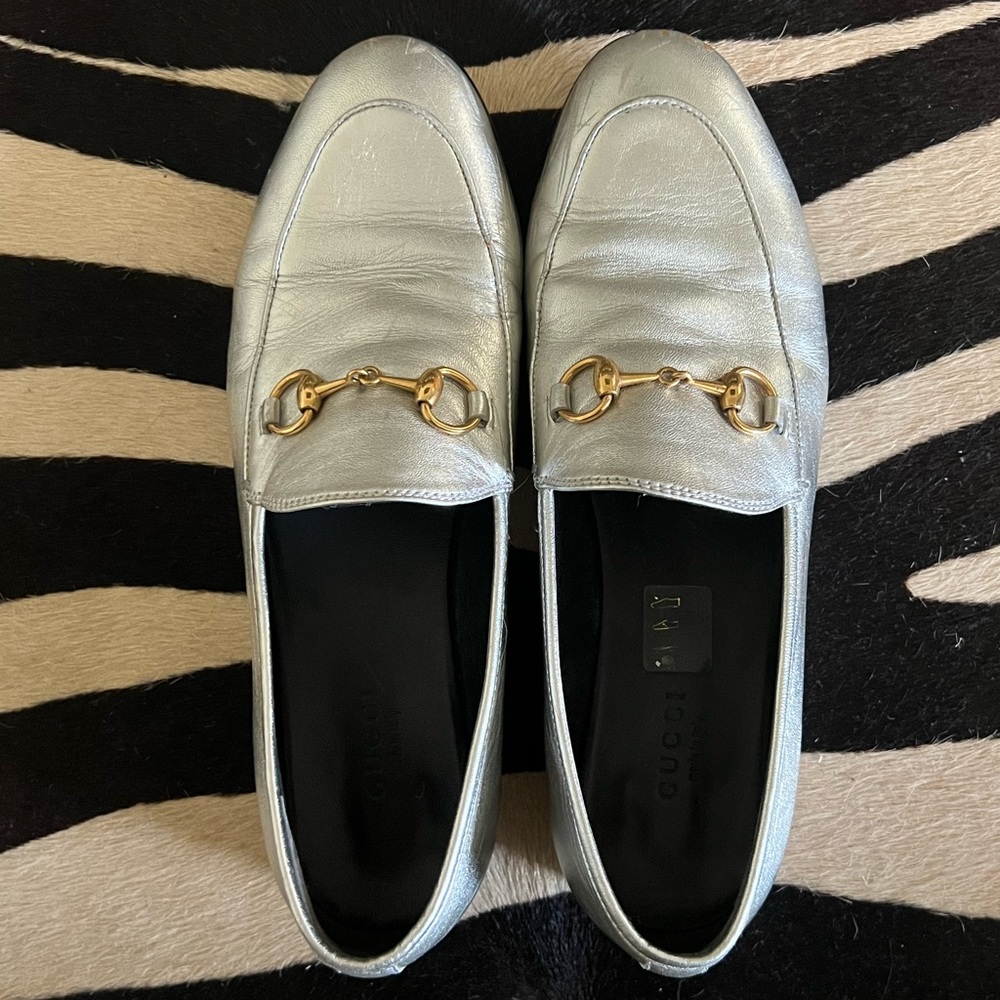 Gucci Silver Leather Jordaan Horsebit Slip On Loafers